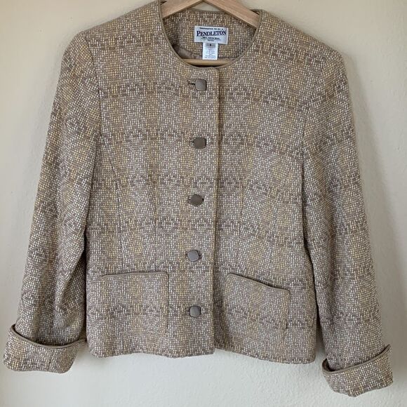 Pendleton Vintage Tan Virgin Wool Cropped Collarless Blazer Jacket women’s Sz 8 - Picture 3 of 9